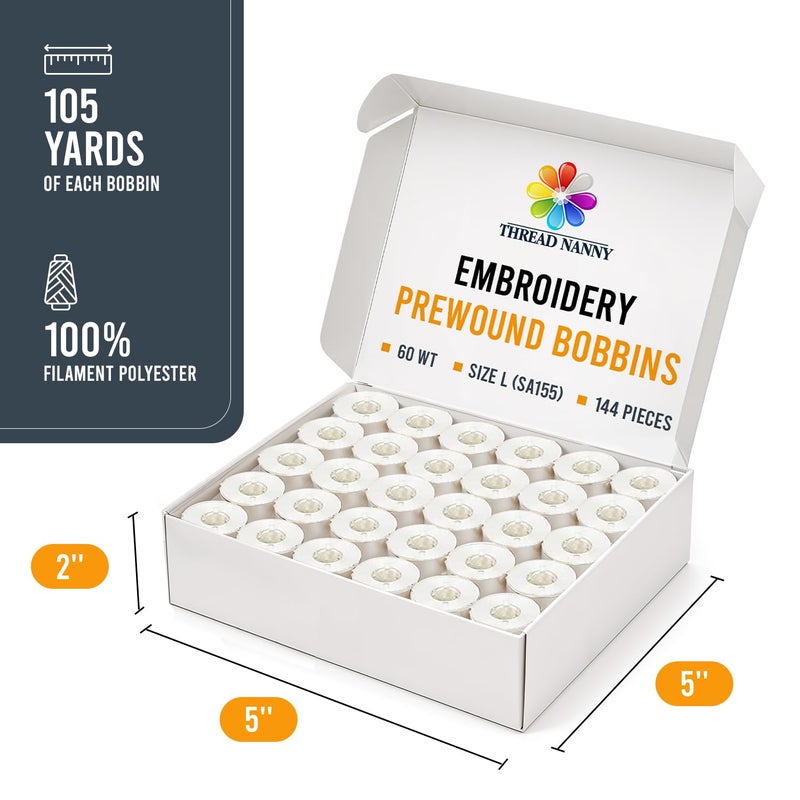 ThreadNanny 144pcs White Prewound Bobbin Thread Plastic Size L (SA155) for Brother Embroidery and Sewing Machine Polyester Thread - Image 2